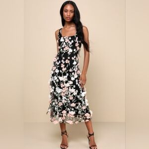 Lulus Elite Cutie Black Mesh 3D Floral Embroidered Midi Dress